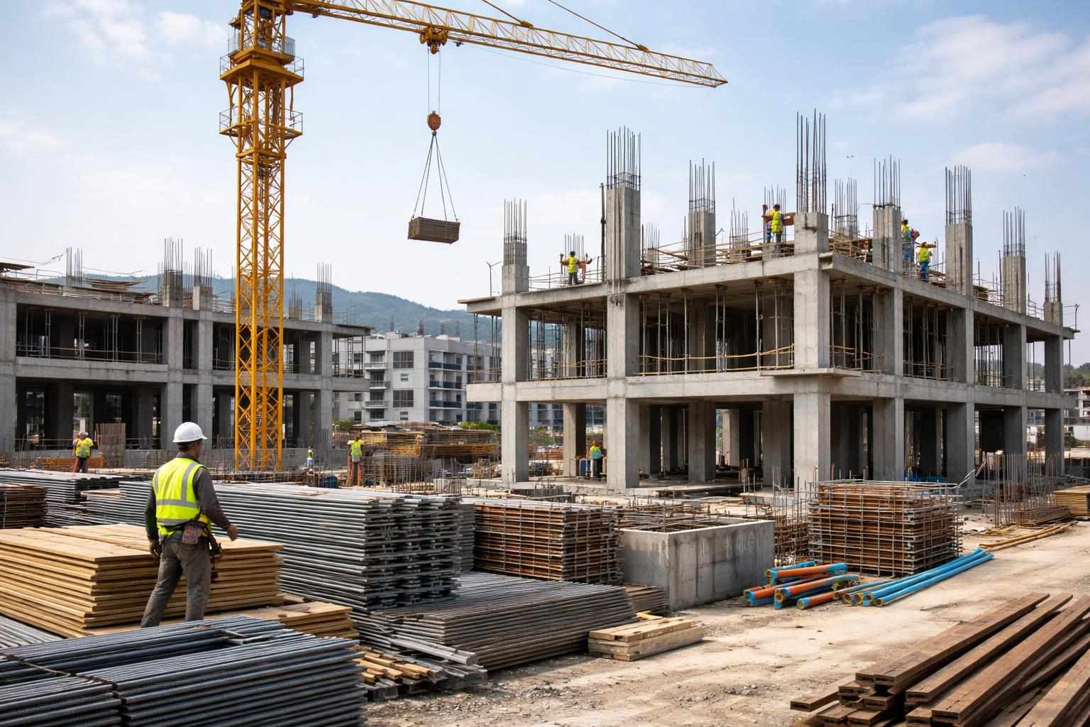 桃園房屋新建施工現場的示意圖,展示建築工程進行中